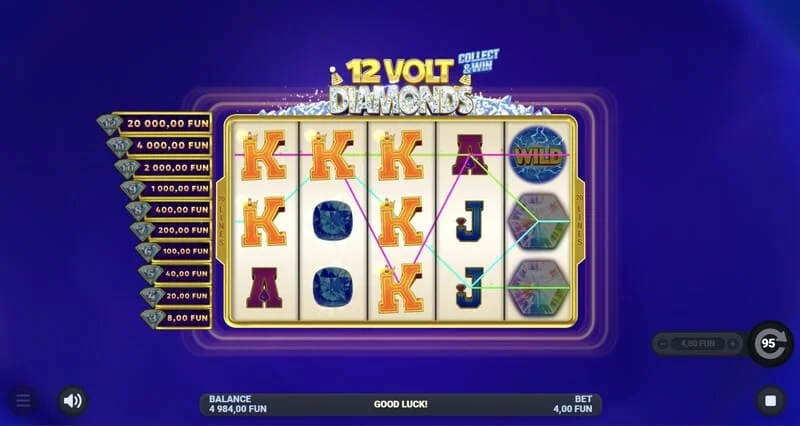 12 Volt Diamonds - skrini kuu ya mchezo ikiwa na gridi ya 5x4